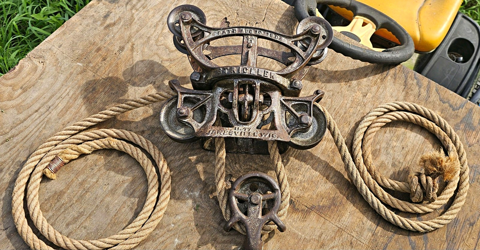 Antique 1909 STRICKLER Hay Trolley Complete Matching A-B-C Set w Vintage Rope