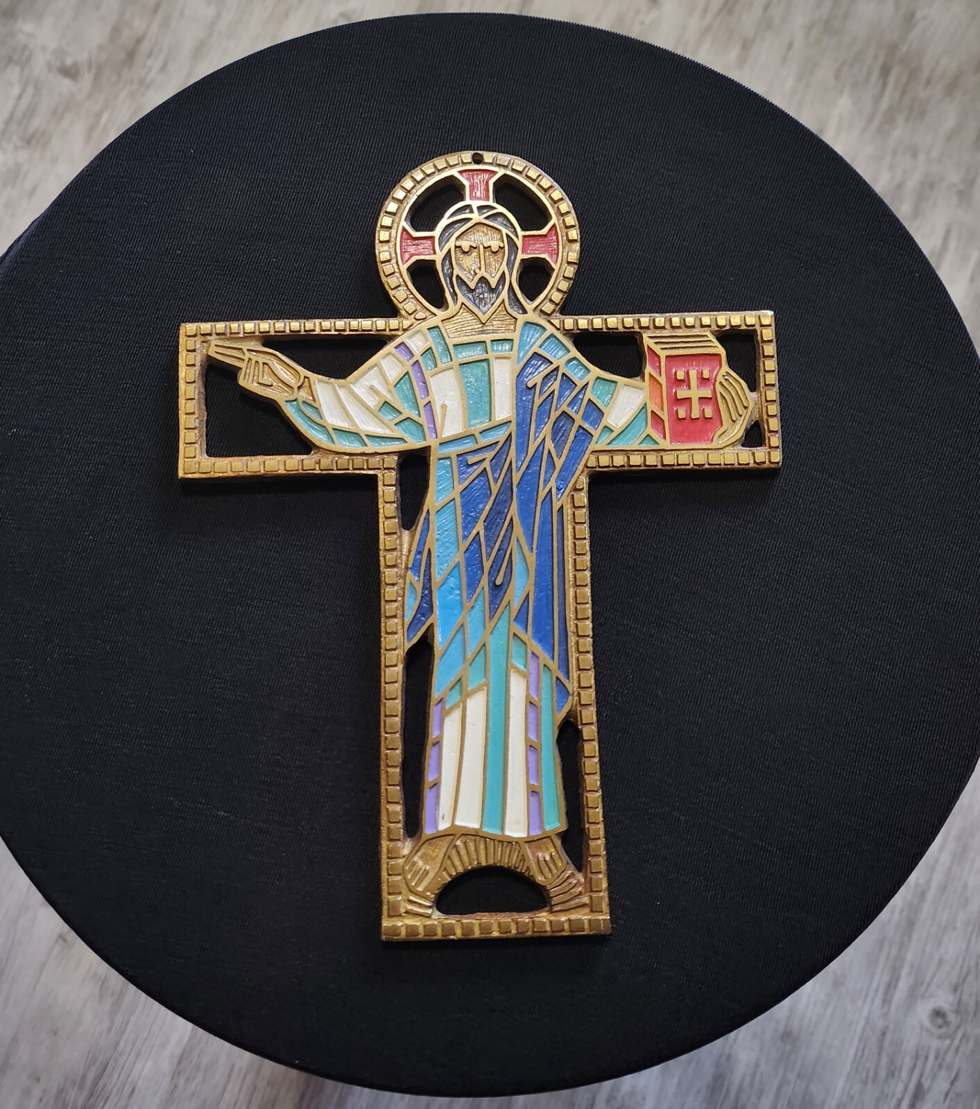 RARE Older Contemporary Altar Cross, Corpus, Crucifix BRONZE Handpainted ISRAEL