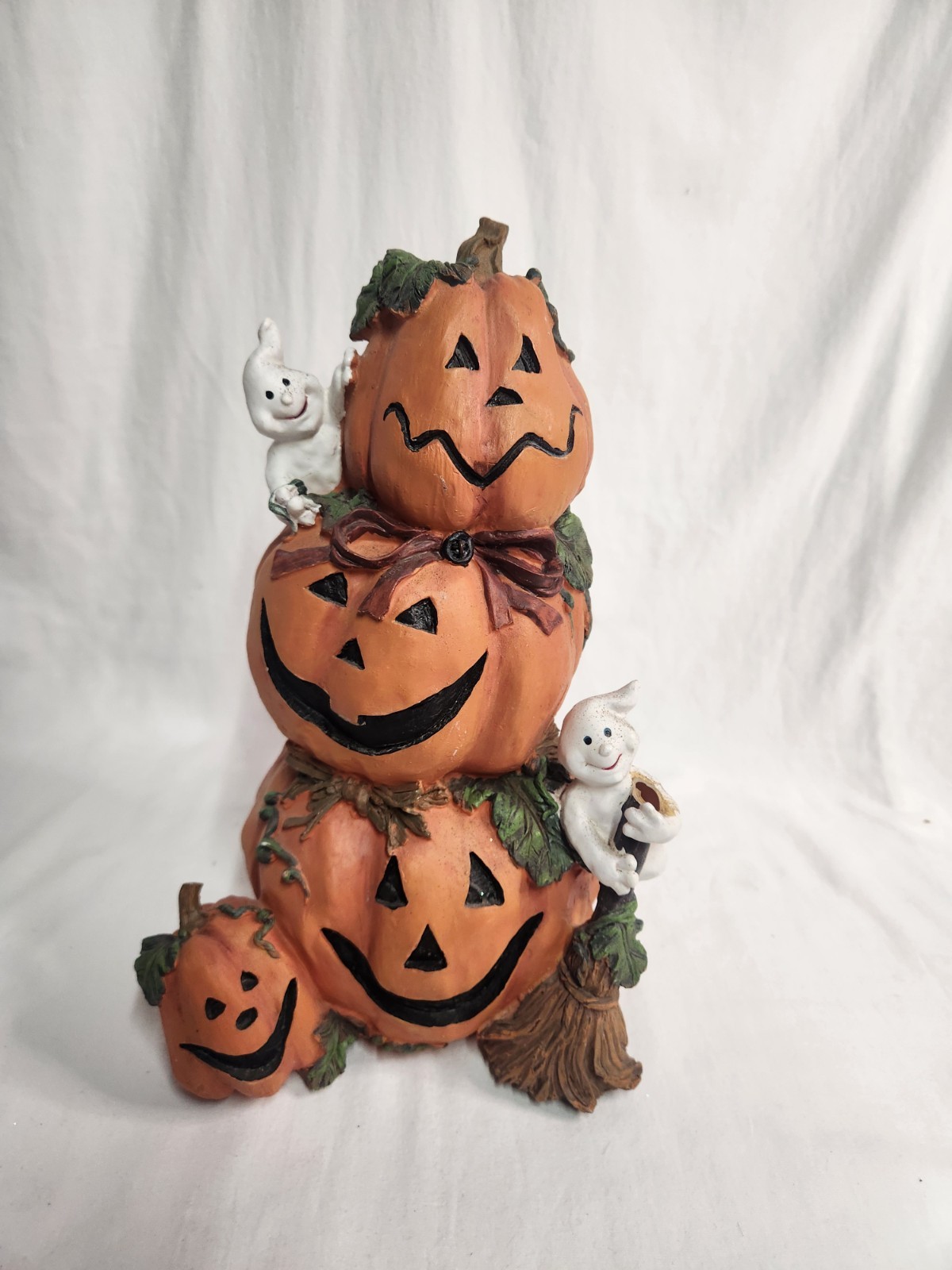 Vtg. Halloween Stacked Pumpkins Ghost Resin 2004 Rare 14inch Jack O Lantern 