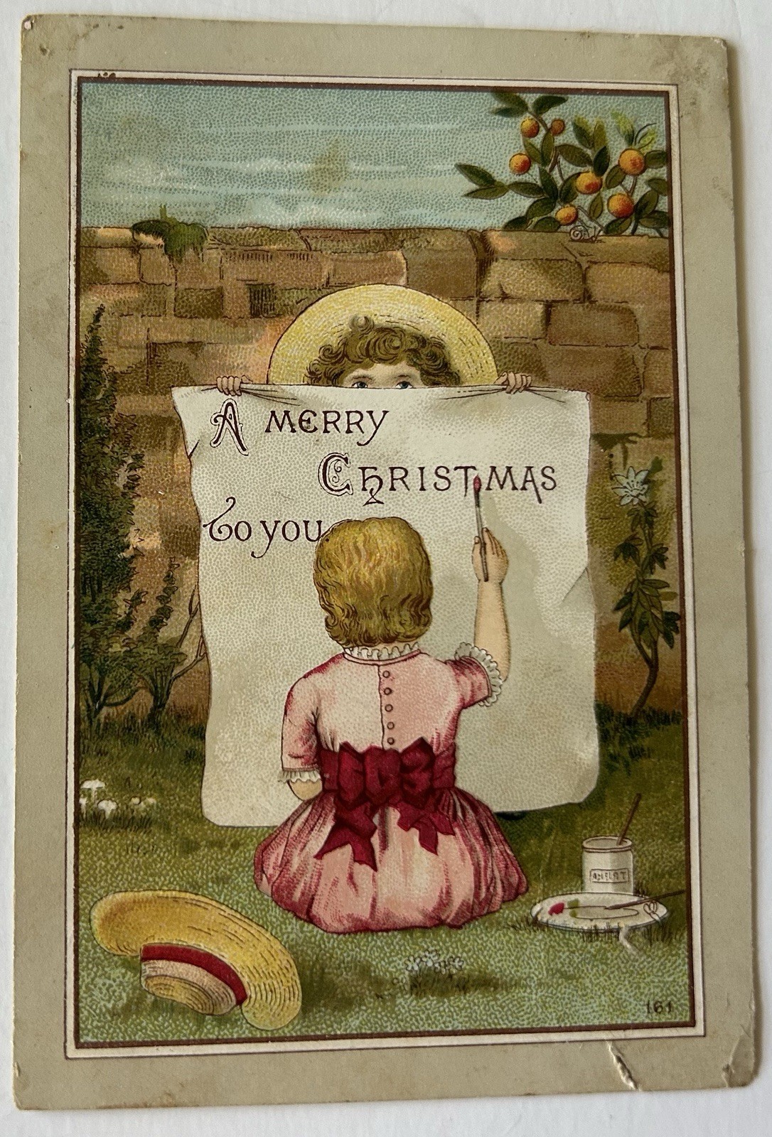 Victorian Trade Card Girl Painting A Merry Christmas to You TC10