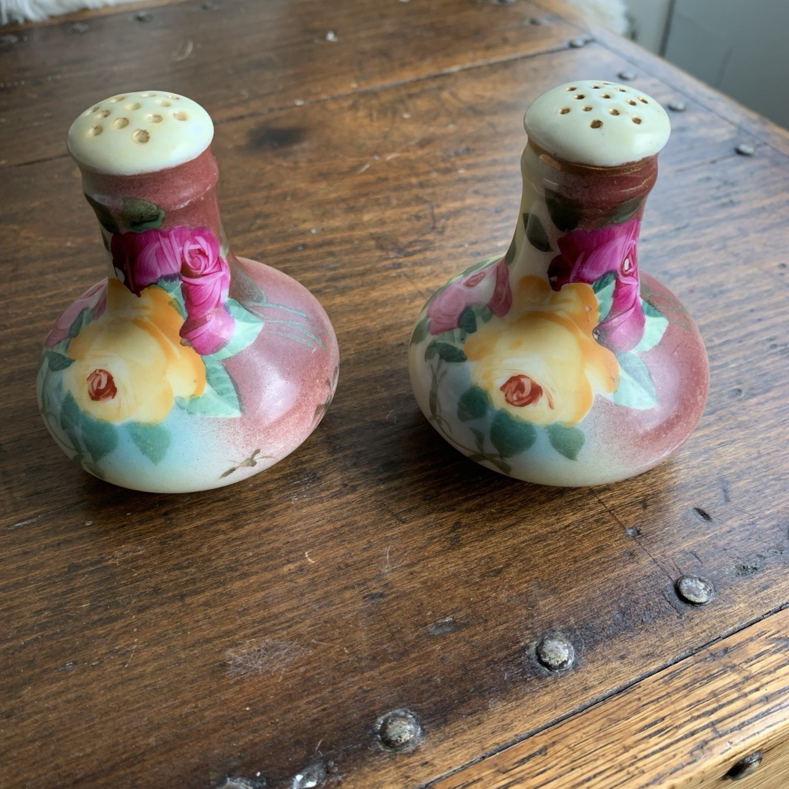 Hand Painted Floral S & P Shakers 1890s-1920s, Bulbous Body Narrowing Top VGUC.