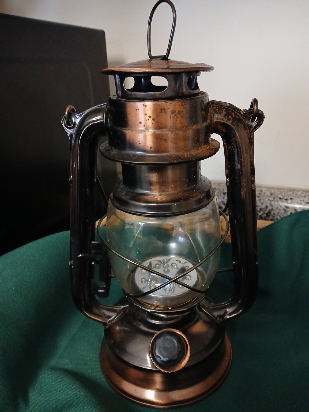 LED Battery Operated Copper Storm Lantern-On/Off Button in Faux Kerosene Button
