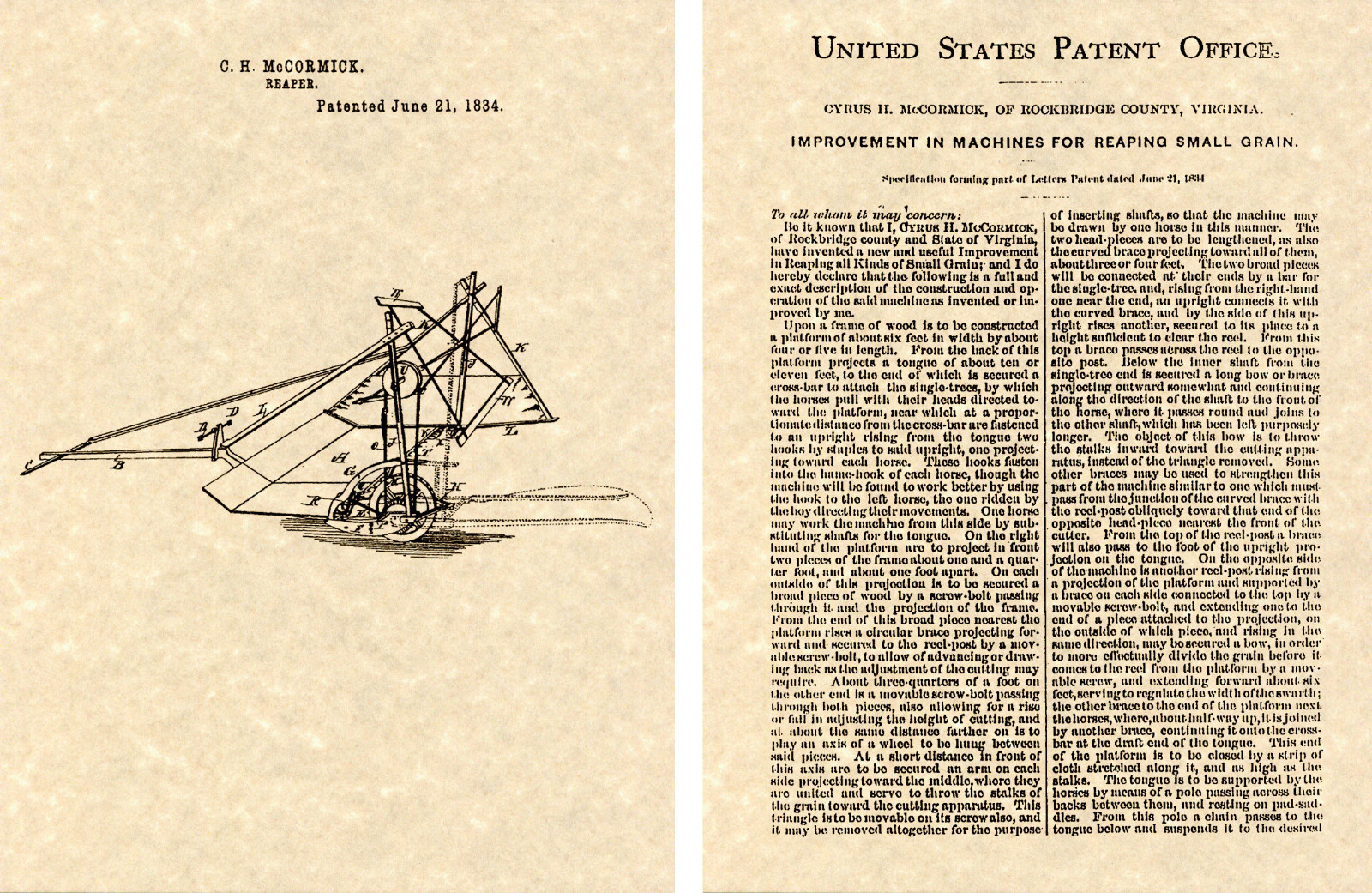 Cyrus McCormick REAPER PATENT Art Print READY TO FRAME 1835 US grain reap