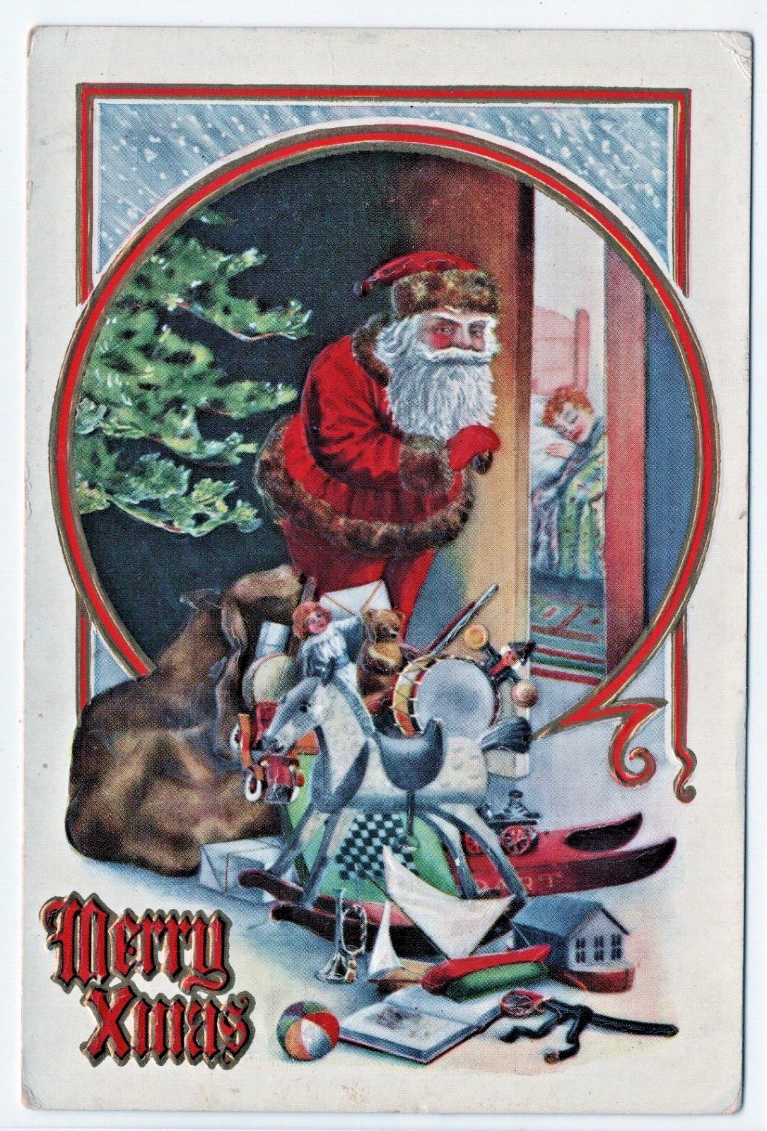 Christmas Vintage Postcard Santa Claus Toy Horse Teddy Bear Drum Sleeping Child