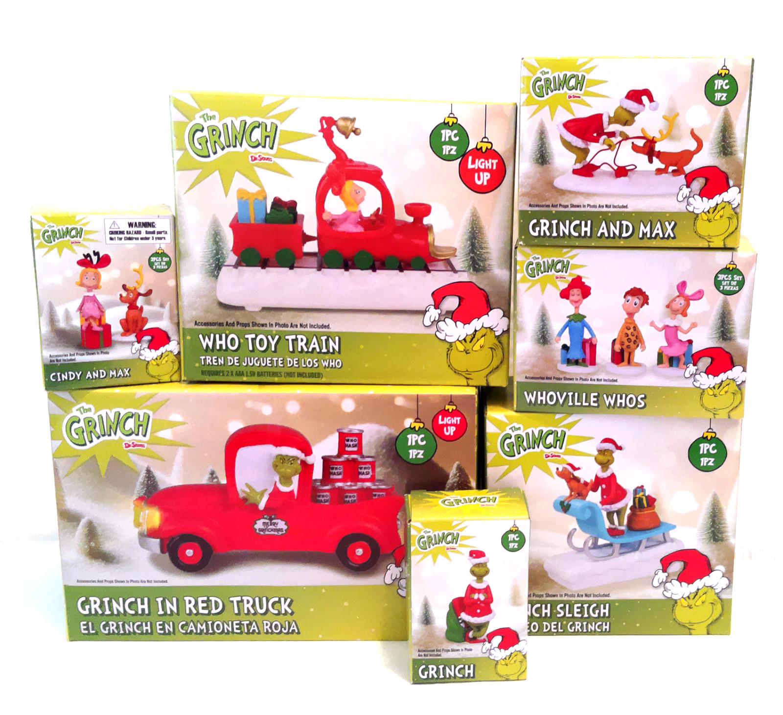 The Grinch Village 7 Piece Red Truck Toy Train Sleigh Whoville Whos Christmas