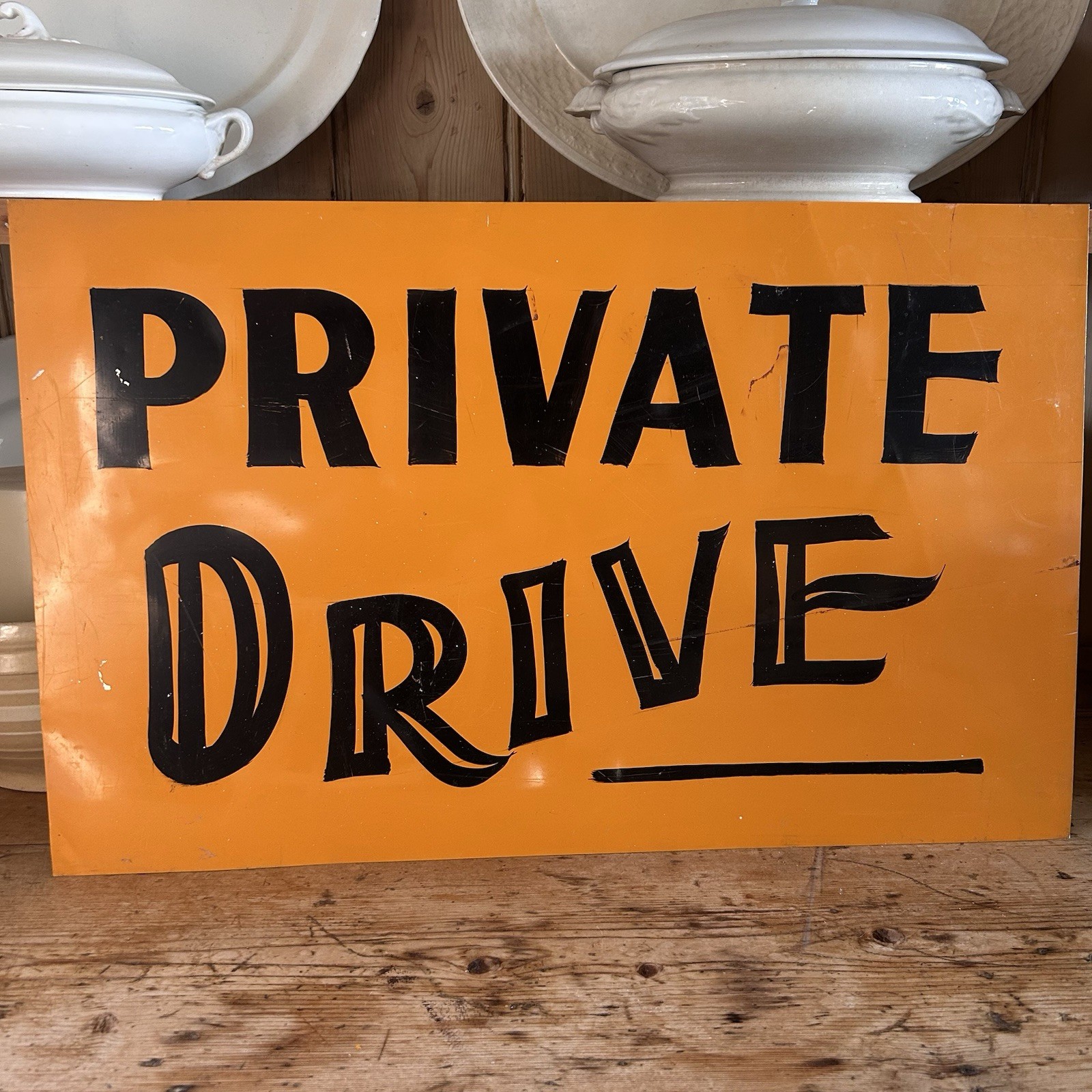 Vintage ? Hand Painted OOAK Metal Private  Sign Orange Black  Halloween Decor