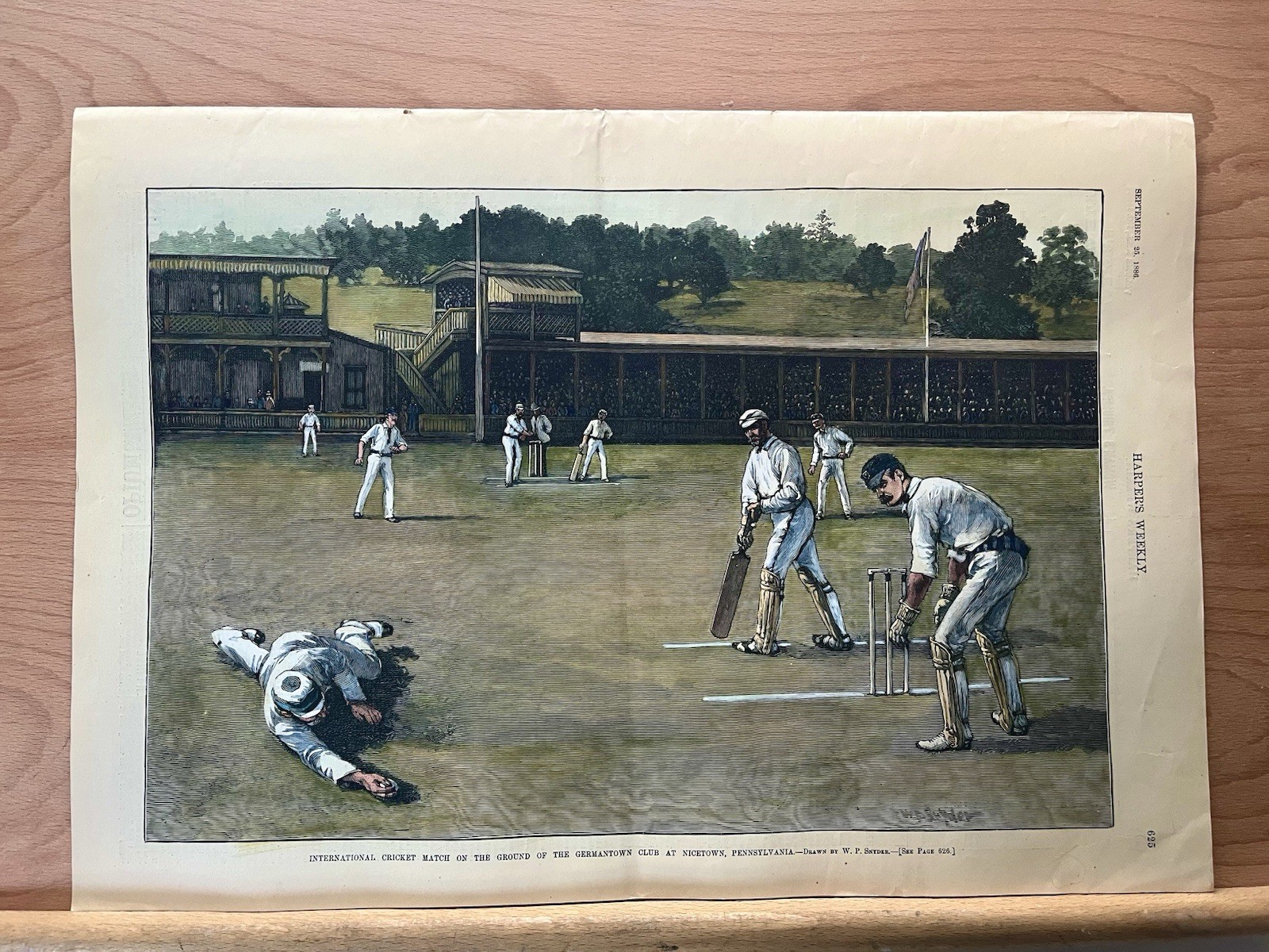 1886 INTERNATIONAL CRICKET MATCH, PENNSYLVANIA HARPER’S WEEKLY HAND COLORED