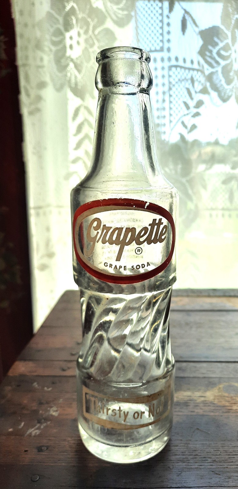 1953 Grapette APL Soda Bottle. Thirsty or Not. Vincent, IN.