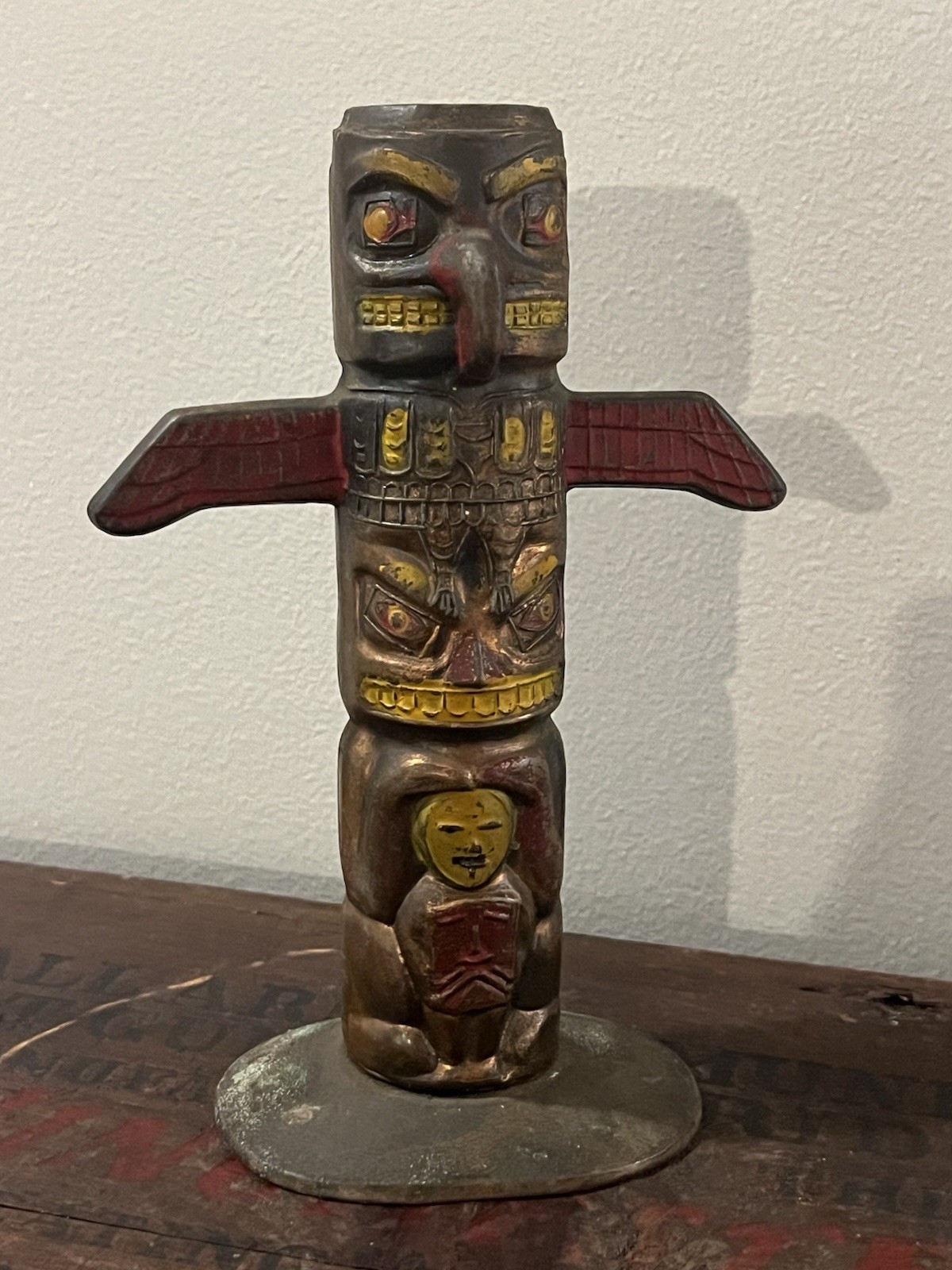 Vtg Totem Pole Still Bank Cast Metal North West Thunderbird Wings