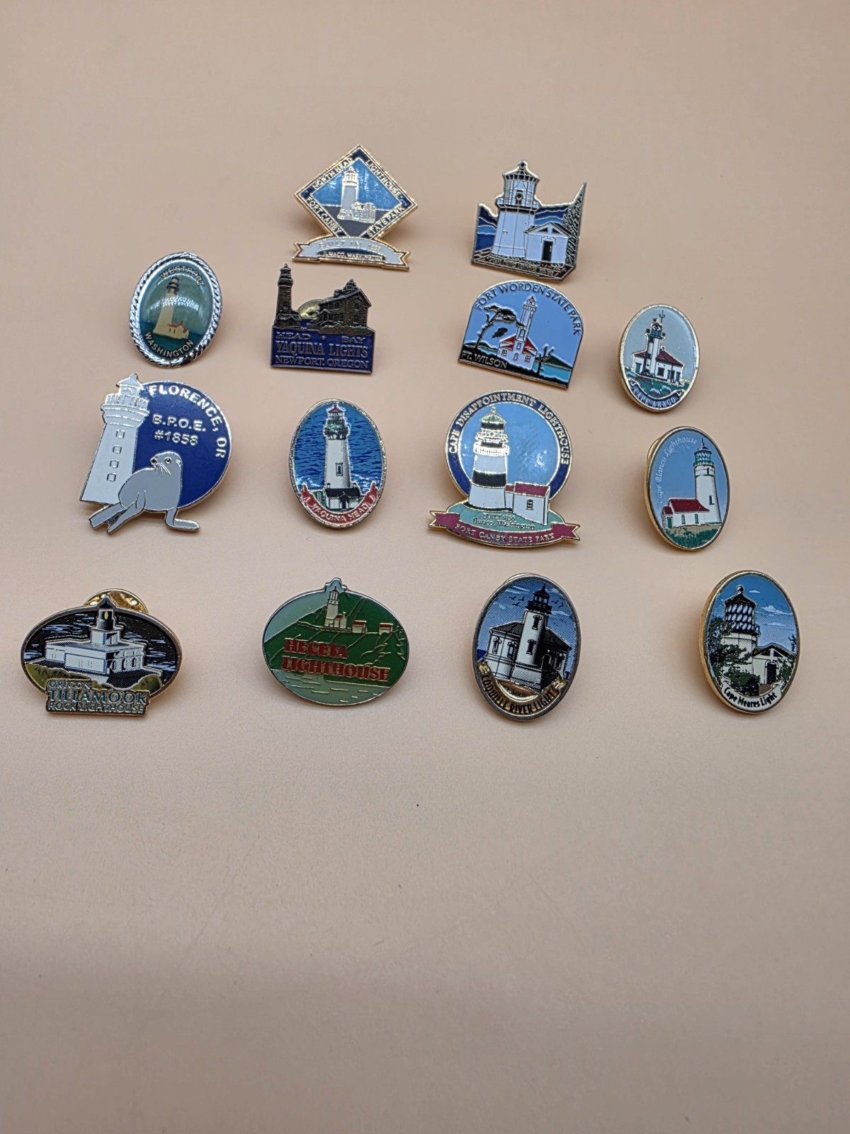Lot of 14 Lighthouse Lapel Pins Different Sizes and Styles Oregon Collector Rare