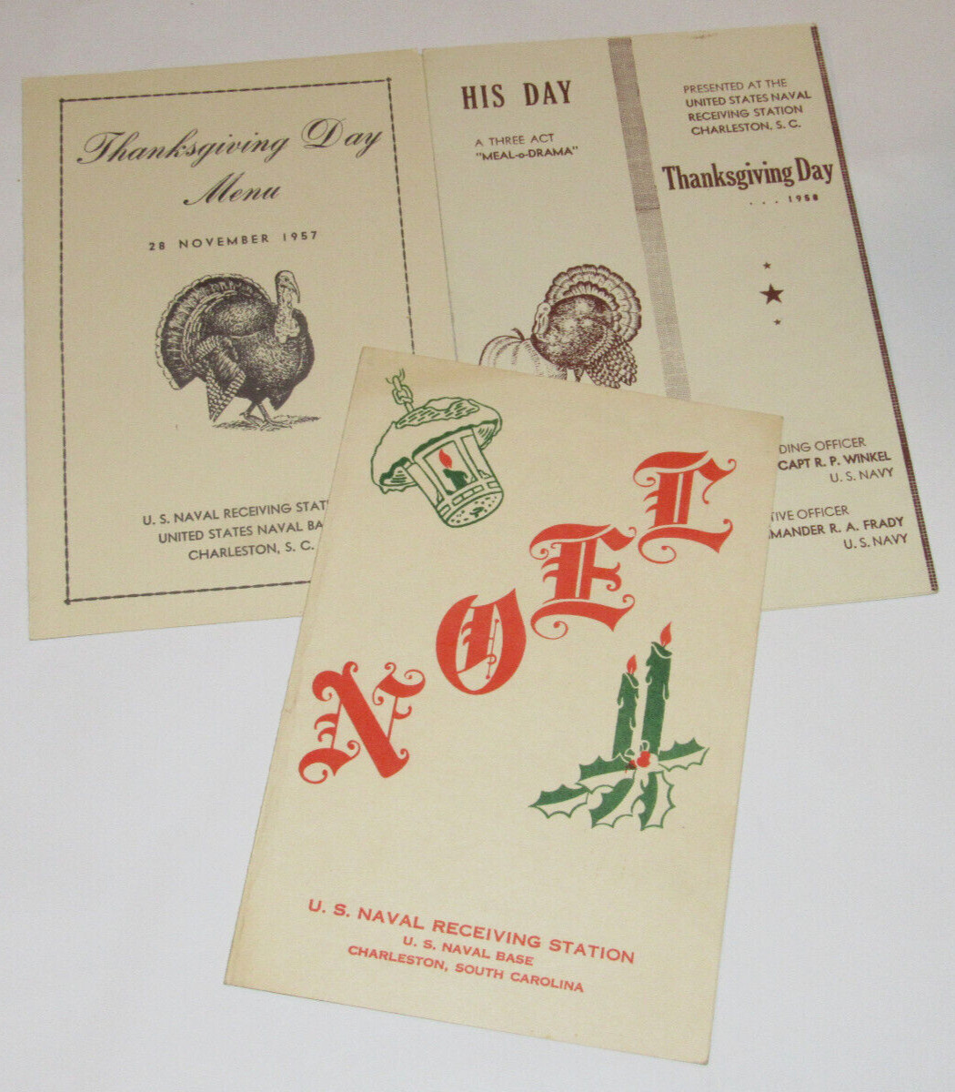 3 VINTAGE 1957-58 U.S. NAVAL BASE CHARLESTON, SC MENUS THANKSGIVING & CHRISTMAS