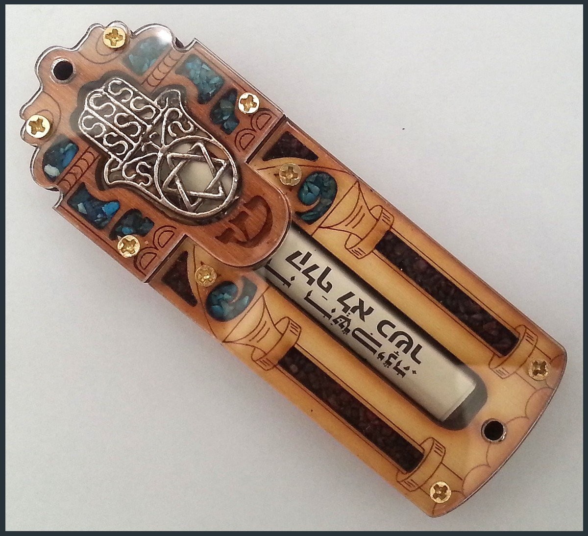 Star of David & Hamesh Hamsa Hand Mezuzah with Shema Israel Scroll