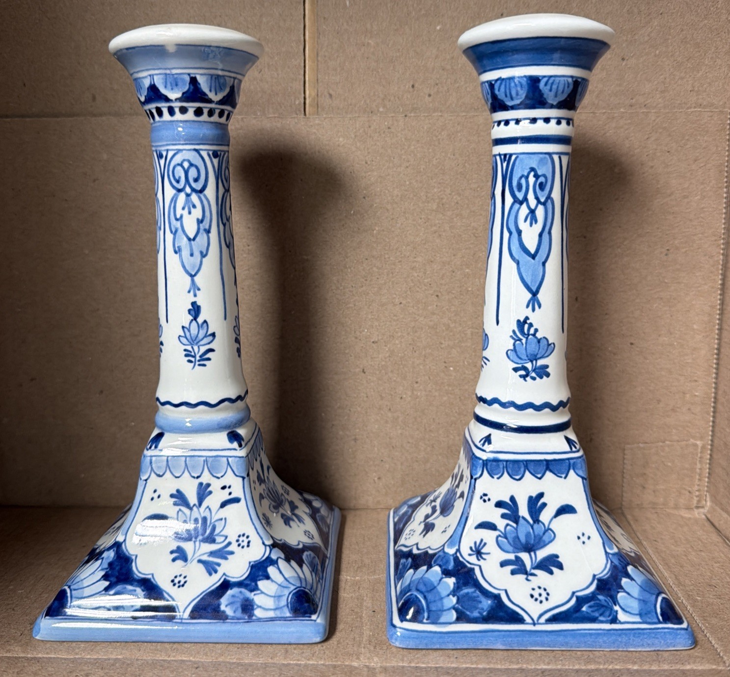 Rare the real deal Vintage Delft Style Footed Taper Pair Candlesticks A++