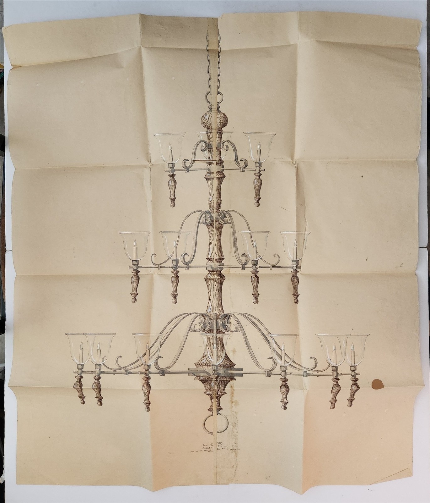 1940s vintage ORIGINAL SALES ART of 3-TIER CHANDELIER new metal crafts chicago