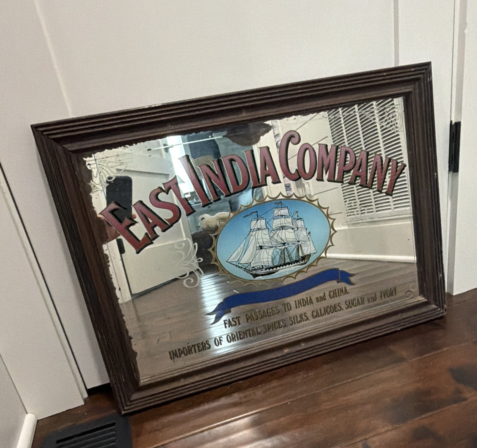East India Company Advertising Mirror, Brown Wood Frame Hanging 7in Landscape