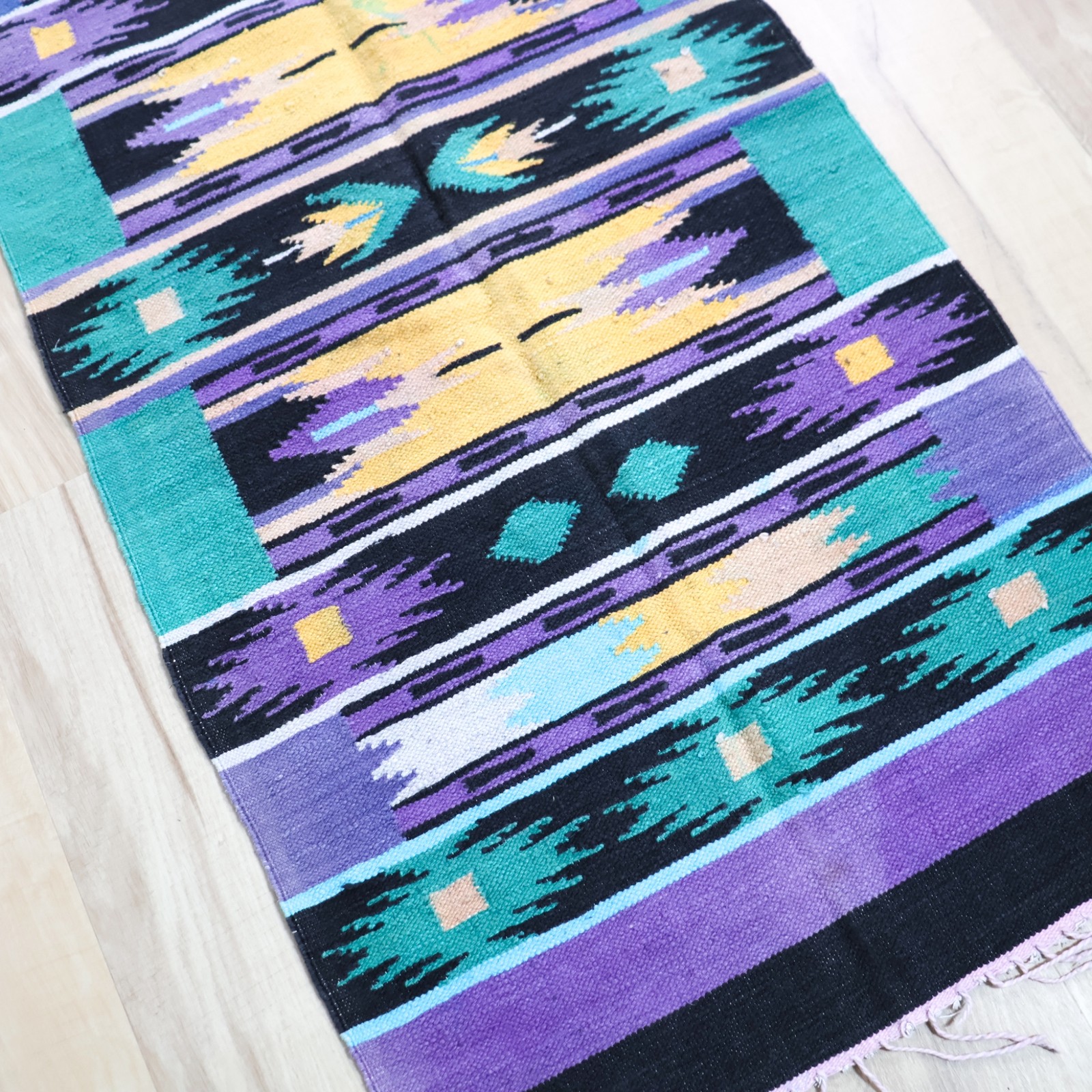 Vtg Guatemalan Aztec Rug Bright Colors 1990s Geometric FLAWS Handwoven Cotton