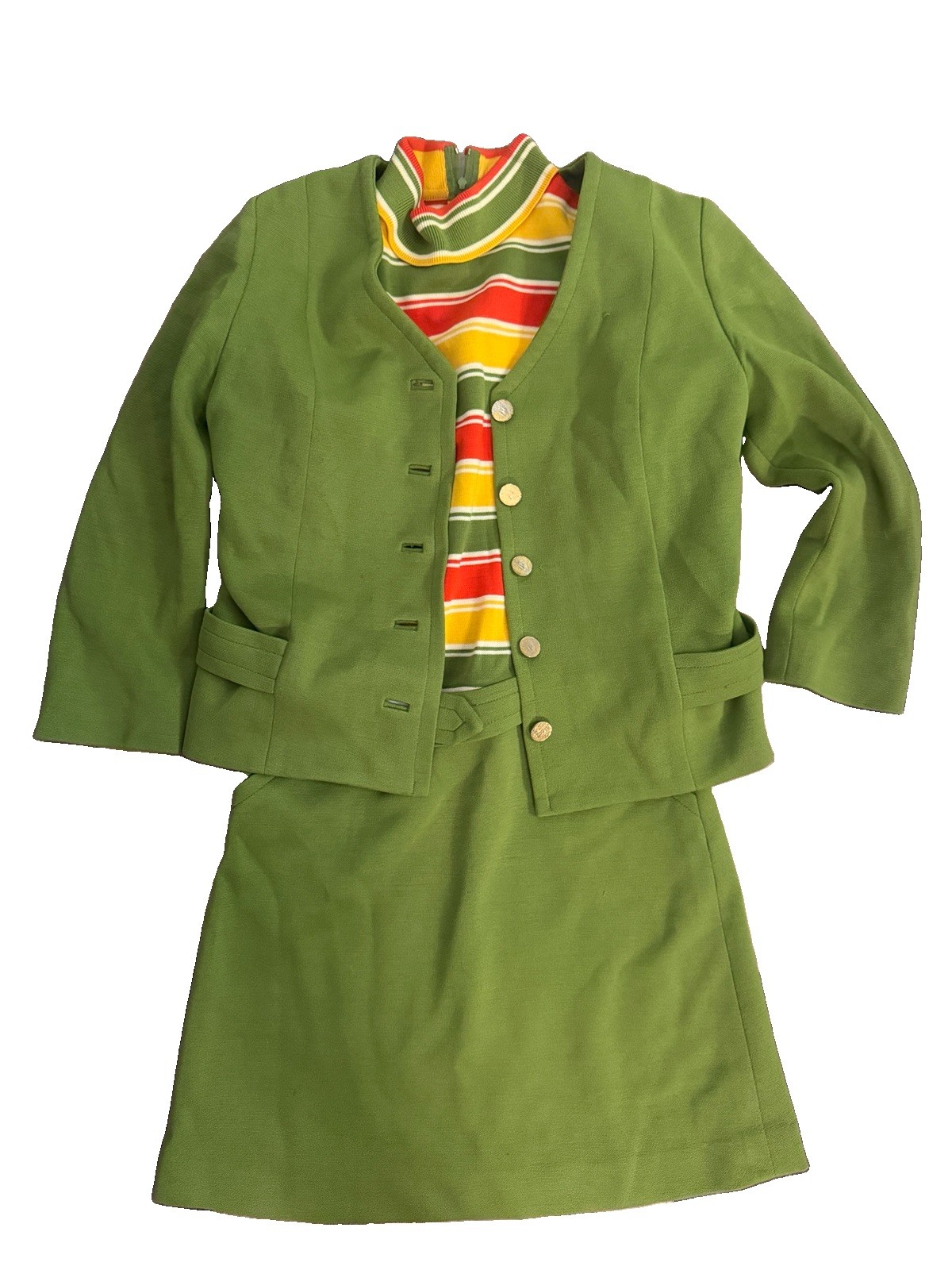 Vintage 1970s Dalton TWA Stewardess Uniform Green Jacket Striped Top Skirt XS