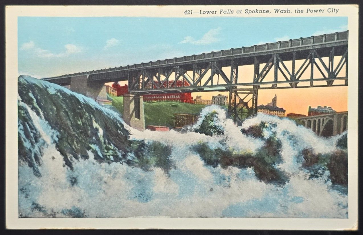Vintage 1943 Spokane WA Postcard – Lower Falls & Bridge – Robbins-Tillquist Co.