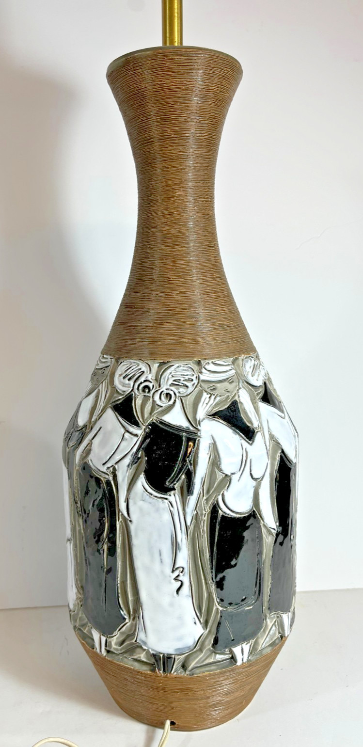 Great Large MCM Raymor Italian Pottery Lamp Hand-Carved Relief Young Women 1950s