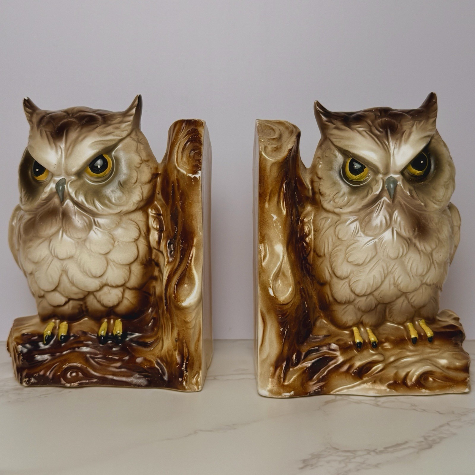Vintage MCM Ceramic Owl Bookends Pair Japan Woolworth Price Tags Mid Century