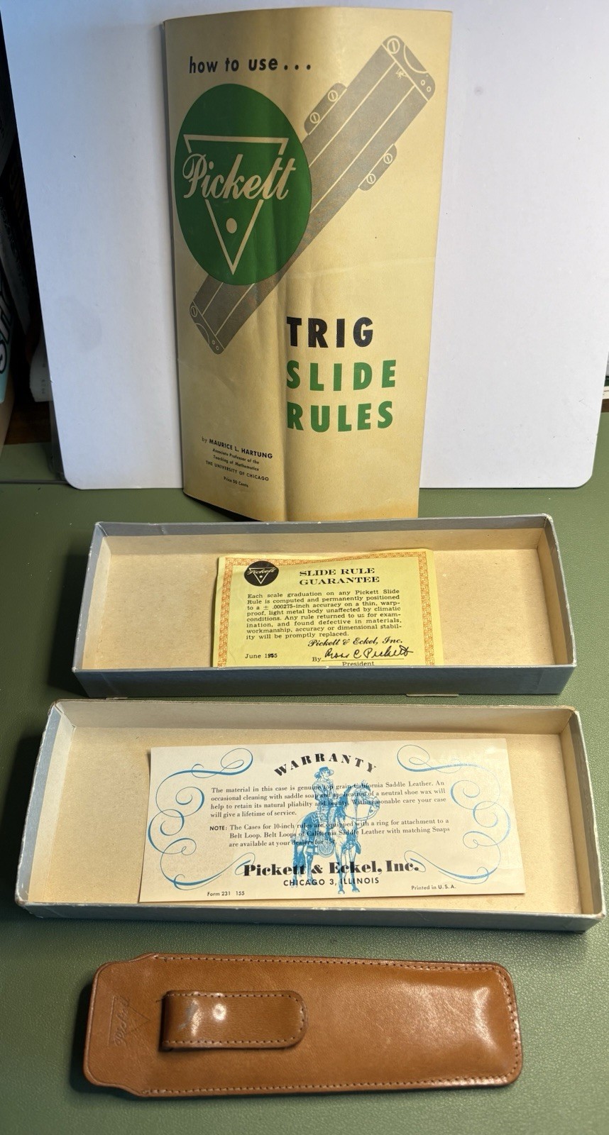 Vintage Pickett Model 200 Pocket Trig Slide Rule Complete Box Paperwork Leather