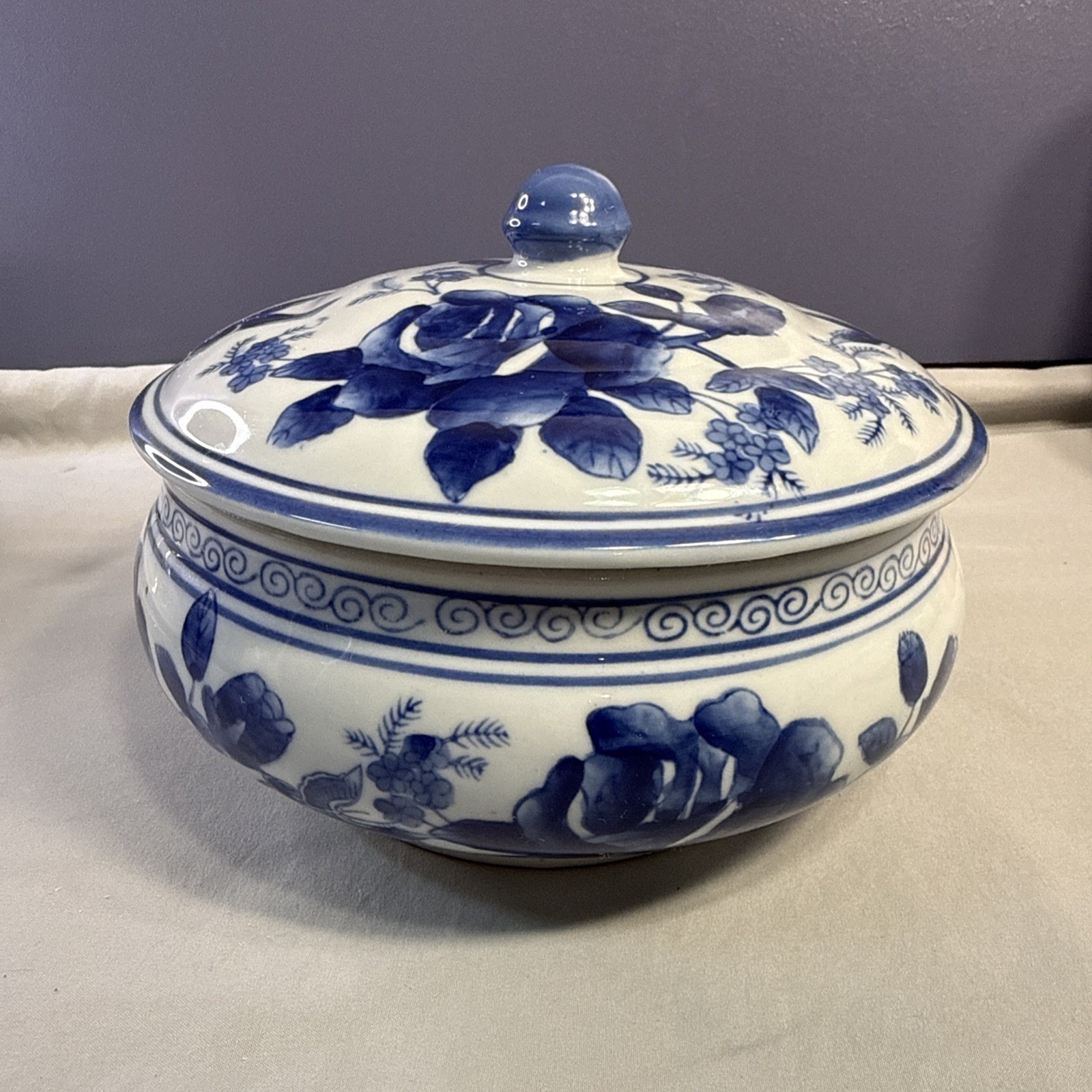 Vintage Asian Lidded Serving Bowl Blue and White Chinoiserie Porcelain Tureen