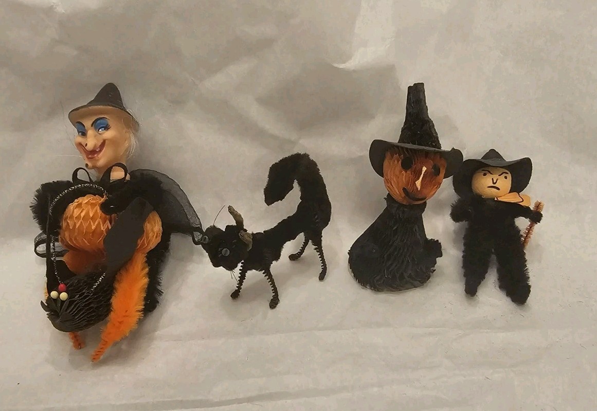 Lot 4 Vintage Early Halloween Honeycomb Chenille Figures Witch Bat Black Cat