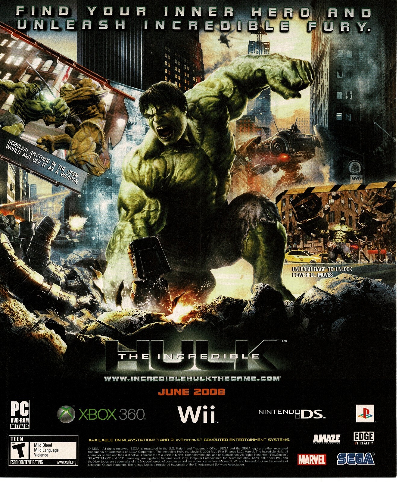 2008 The Incredible Hulk Video Game Vintage Print Ad Sega