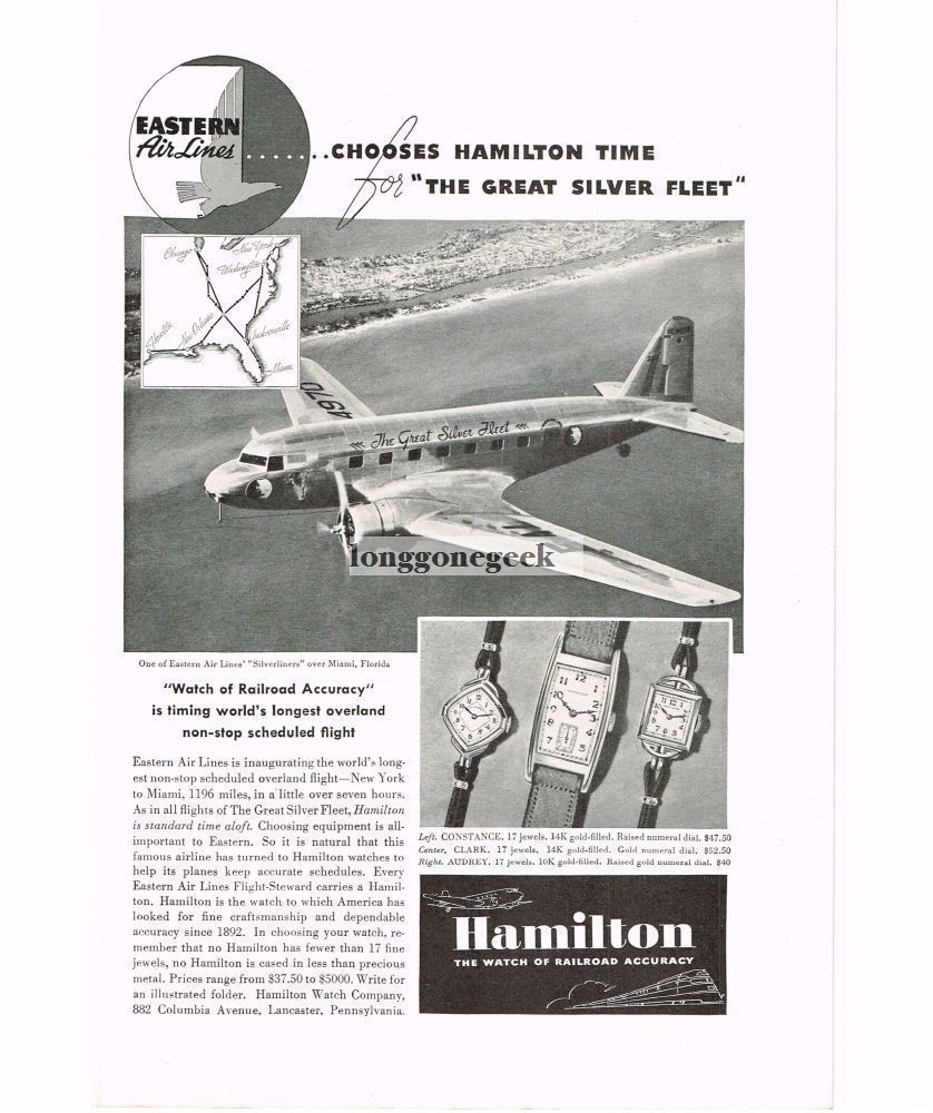 1937 Hamilton Watch Eastern Air Lines Silverliner Vintage Print Ad