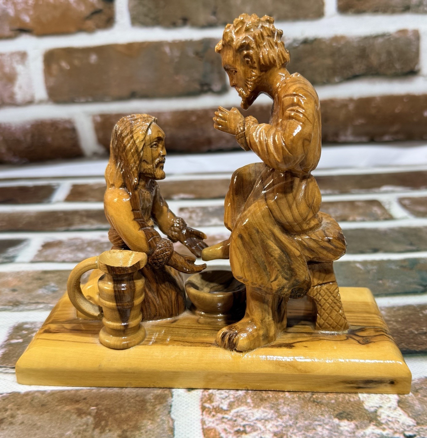 Jesus Washing Peter Feet Hand Carved Olive Wood Statue Made In Holy Land