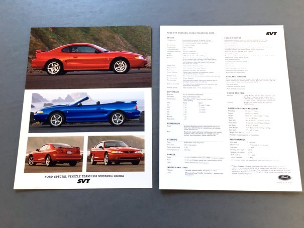 1998 Ford Mustang SVT Cobra 1-page Sales Brochure Fact Sheet