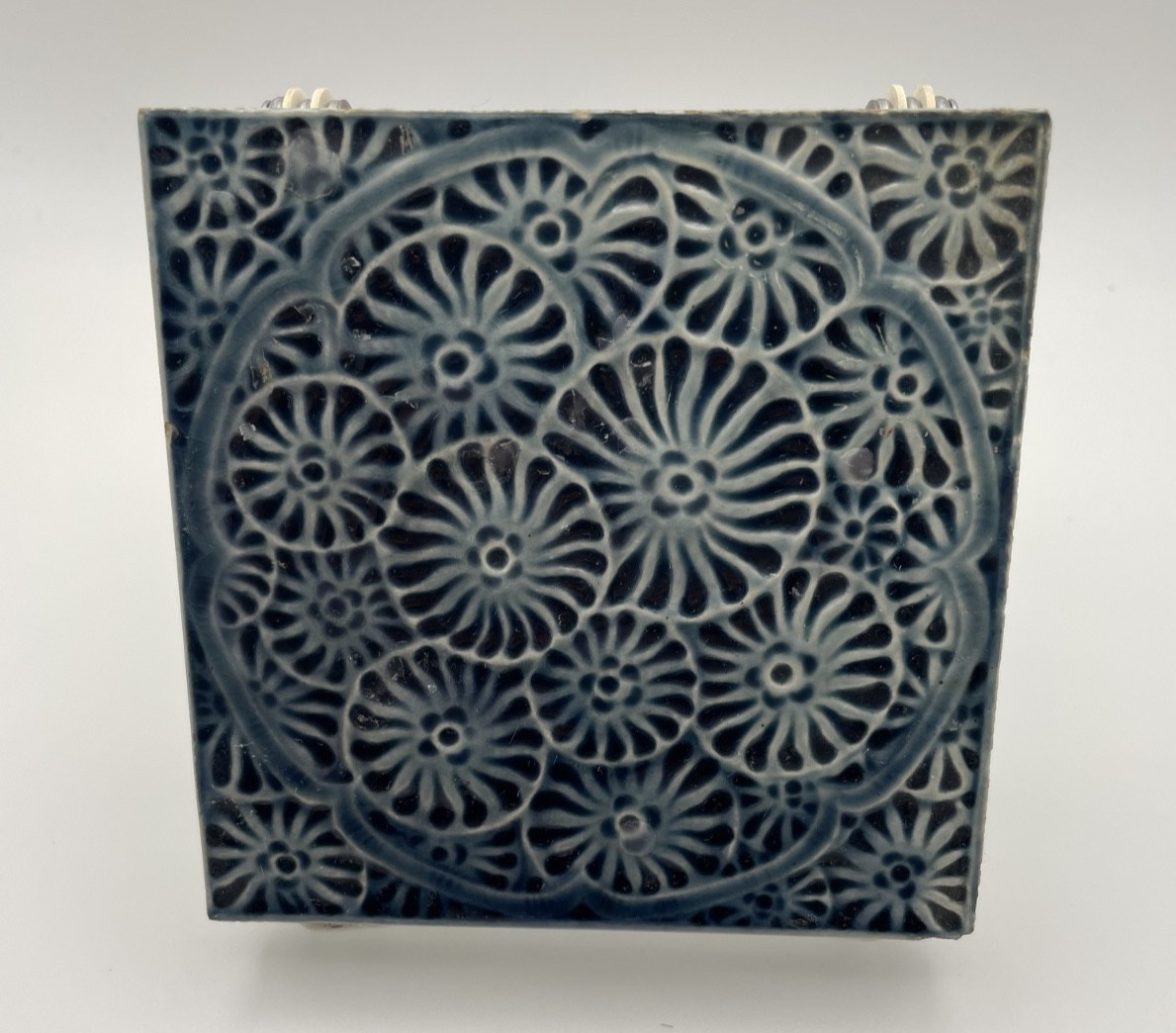 Antique J. & J.G. Low 4” Decorative Ceramic Art Tile - Blue Stylized Daisy