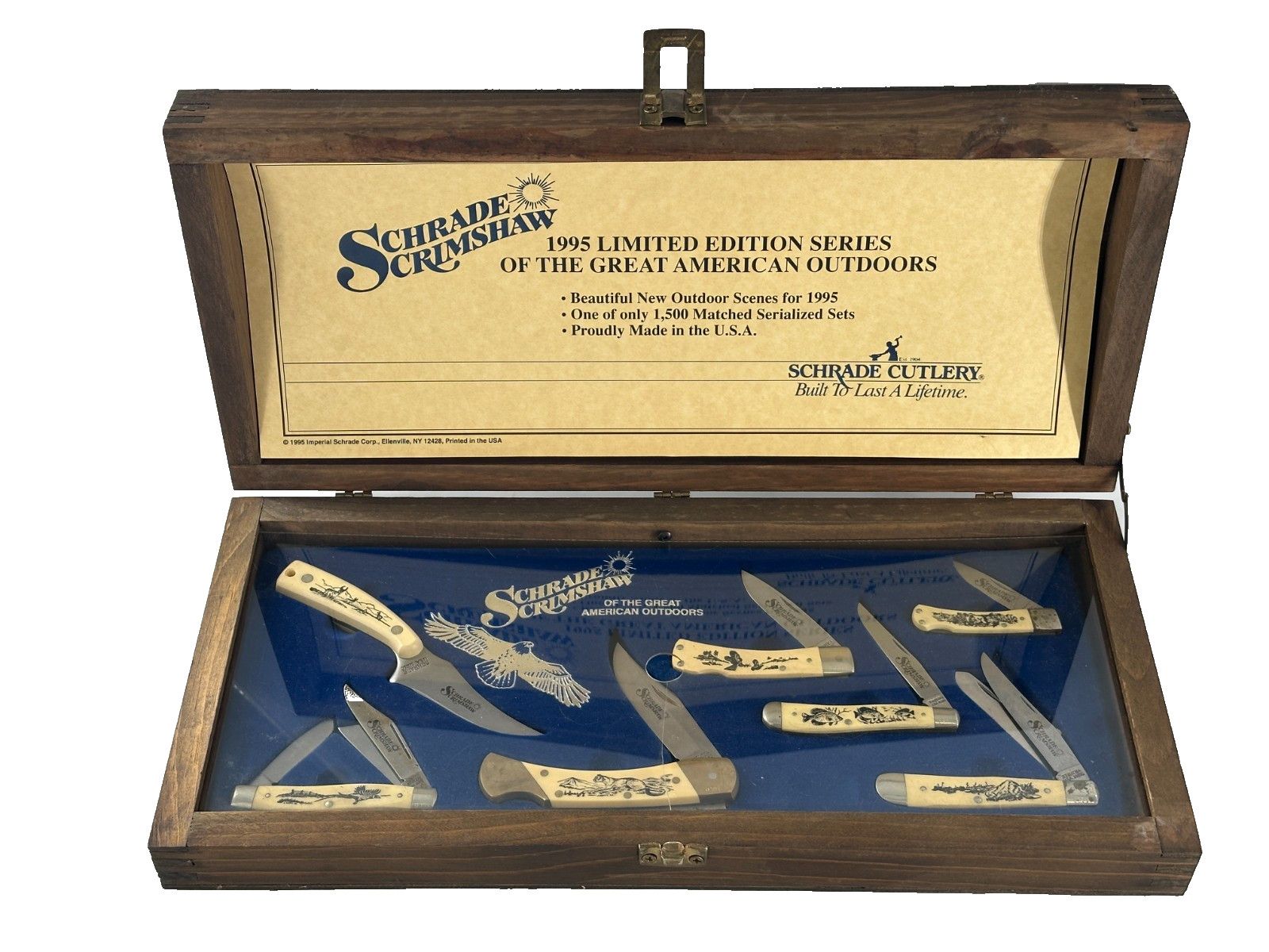 Schrade Scrimshaw Of The Great American Outdoors Displayed Box Set- 7 Knives