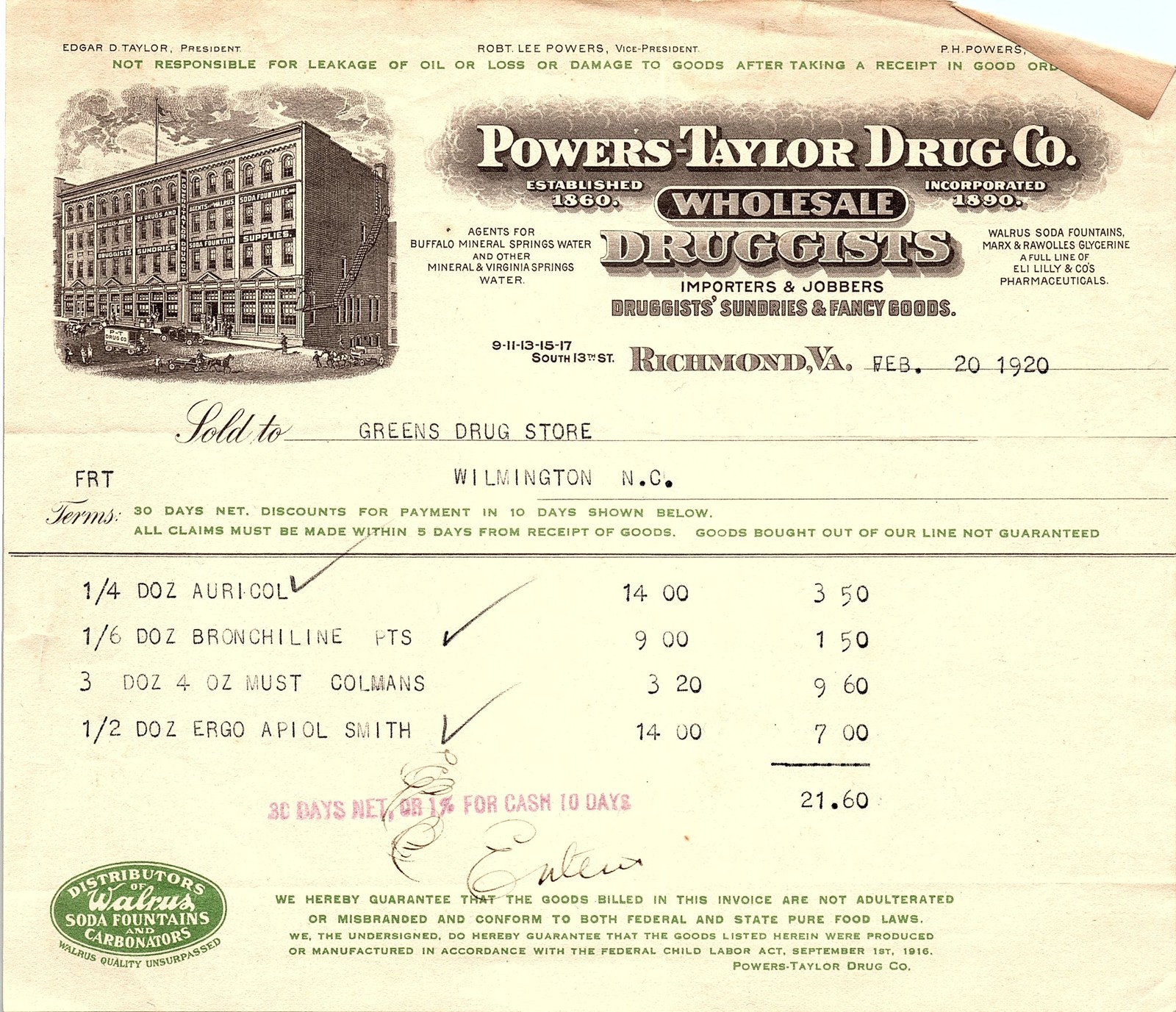 1920 Powers-Taylor Drug Co. billhead, Richmond, VA