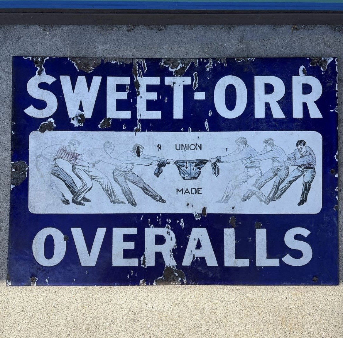 Vintage 1920s-30s Sweet-Orr Overalls Porcelain Sign Tug of War Advertising