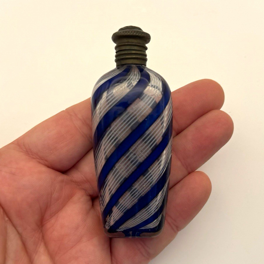 Antique Cobalt Blue And White Latticino Scent Bottle