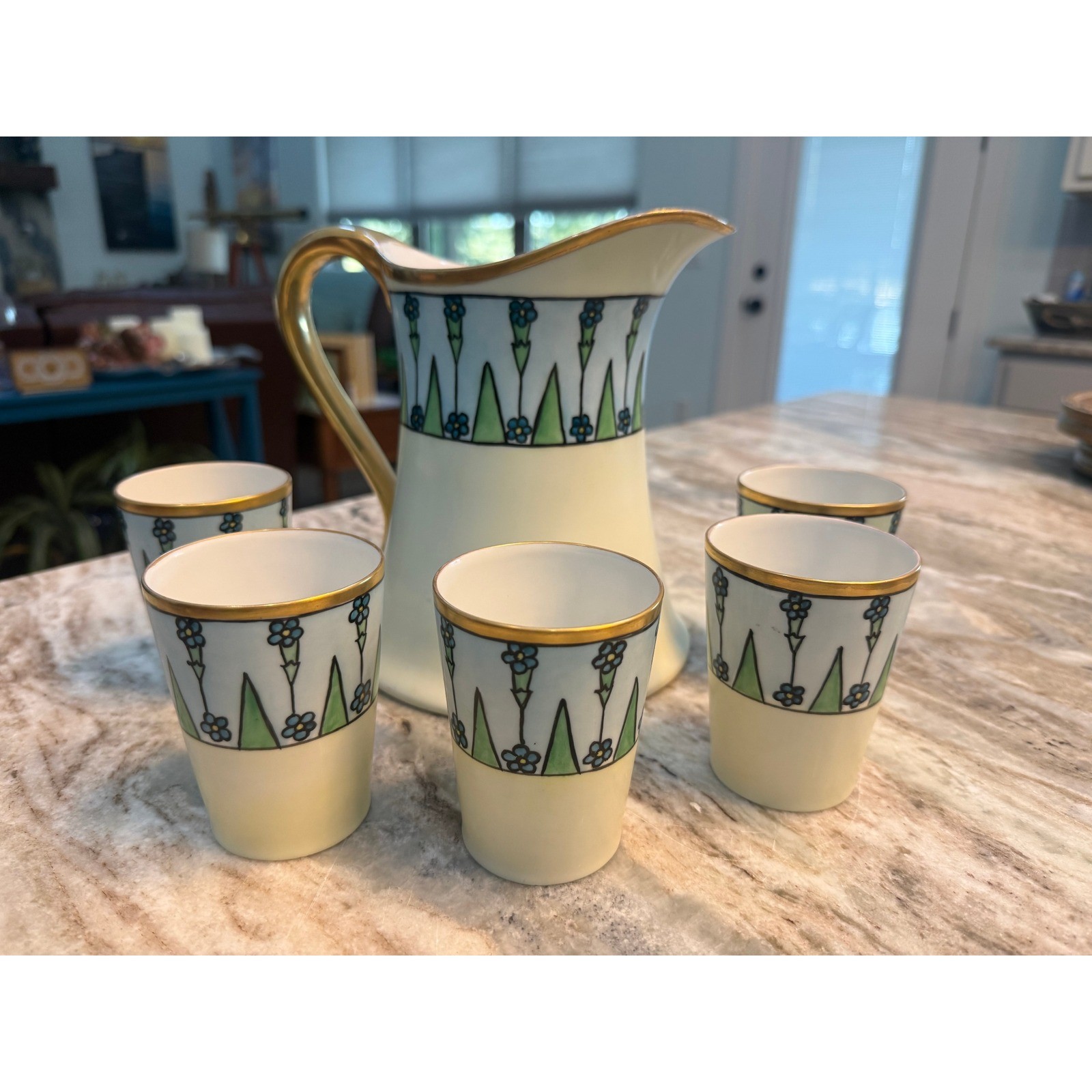 T&V Limoges France Hand Painted Pitcher & 5 Tumbler Set Art Deco 1919