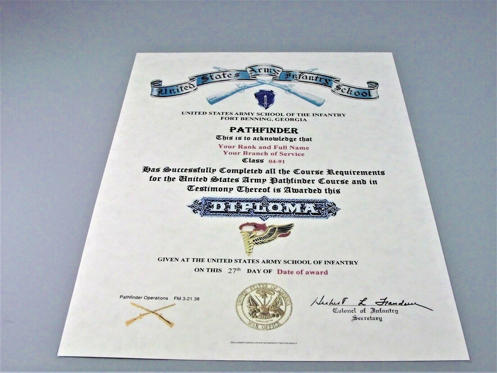 United States Army Pathfinder School / Course Replacement Certificate