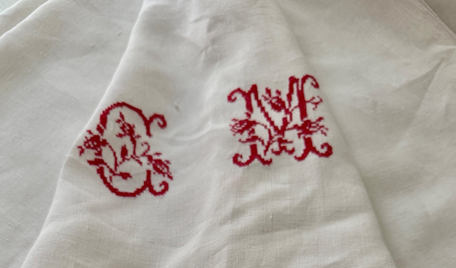 Antique 1900s Large French Homespun Linen Sheet Red Work Monogram B371
