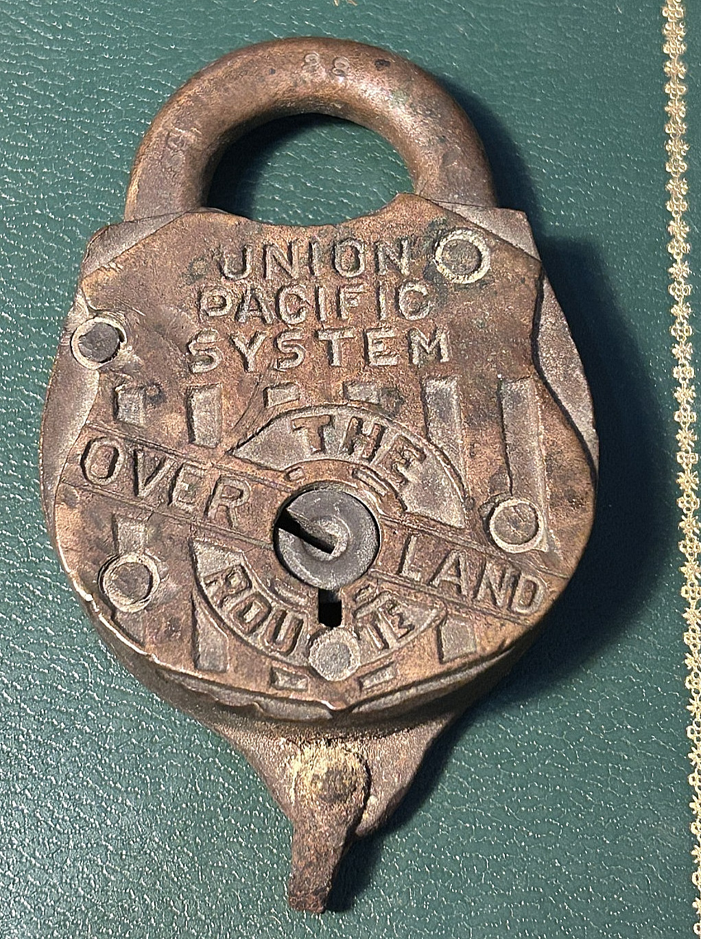 Vintage Union Pacific RR The Overland Route Fancy Back Bronze Heart Padlock 1927