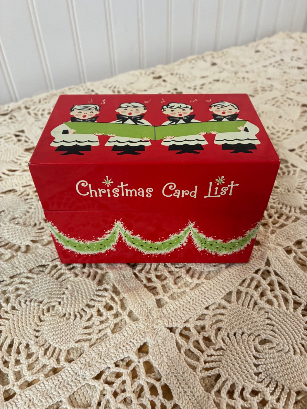 Vintage 1950s Stylecraft 810 Christmas Card List Metal Tin Box Choir Boys MCM
