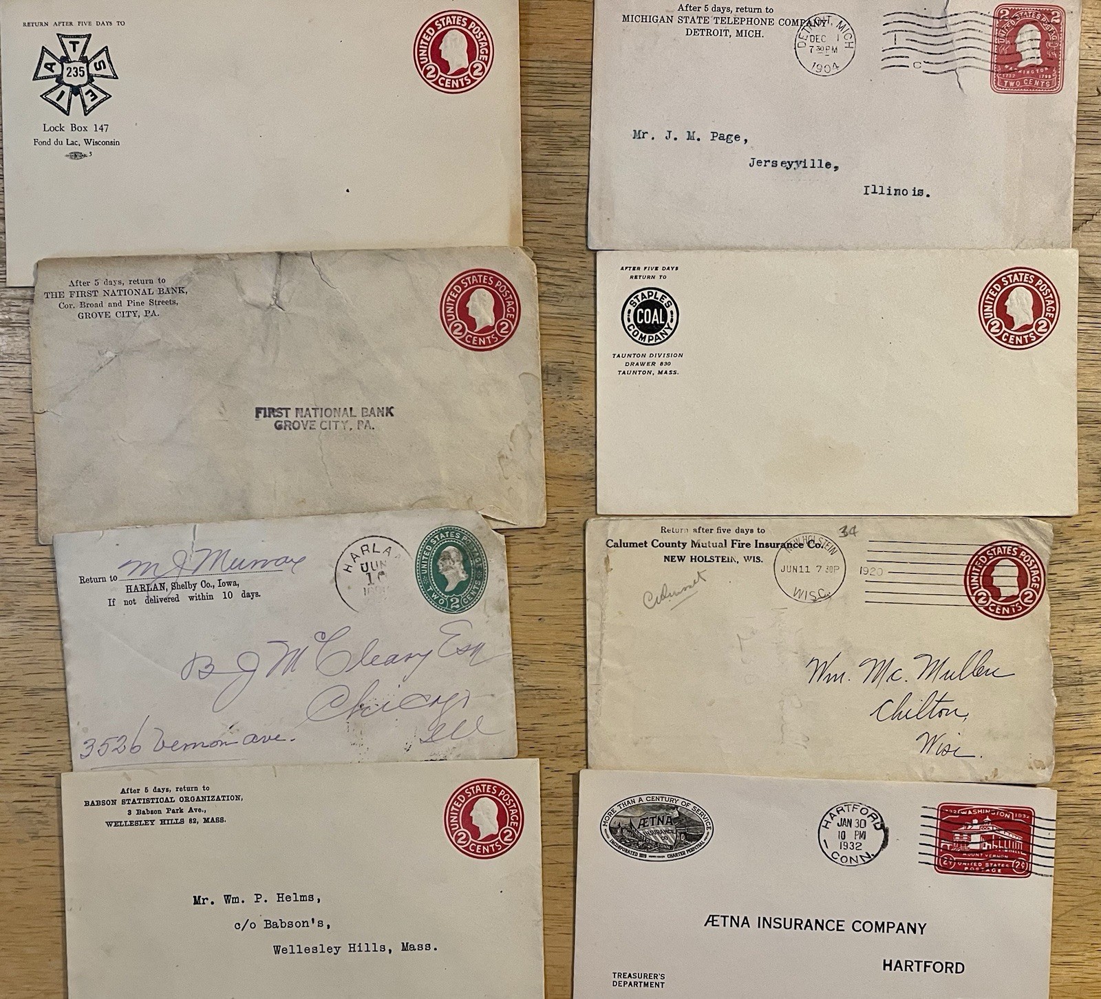 Lot of 8 Business Corner Card Covers Postal Stationery Ad  Envelopes 1904-1932