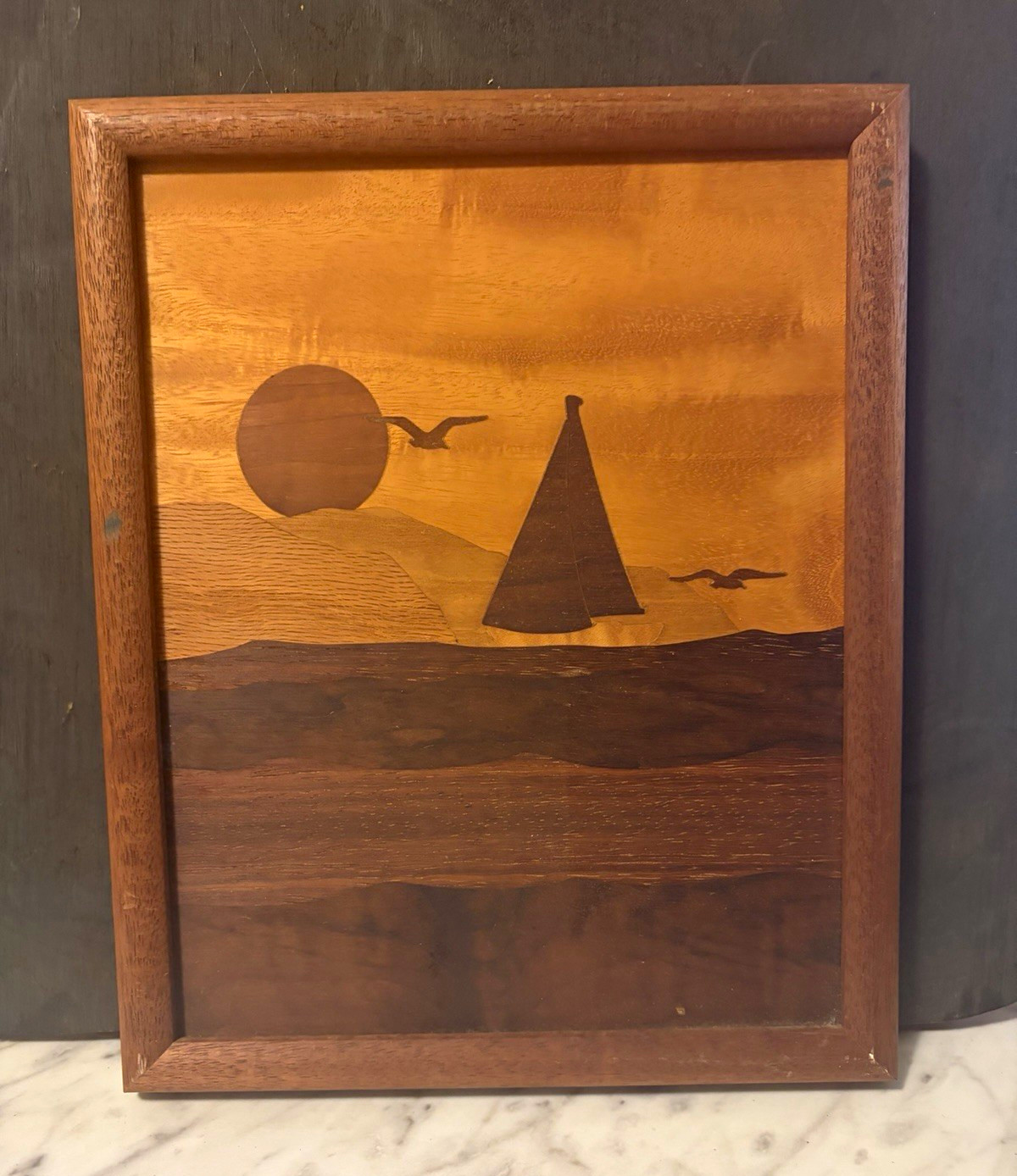 Vintage Marquetry MCM Sailboat Wall Art Americana Wood 9