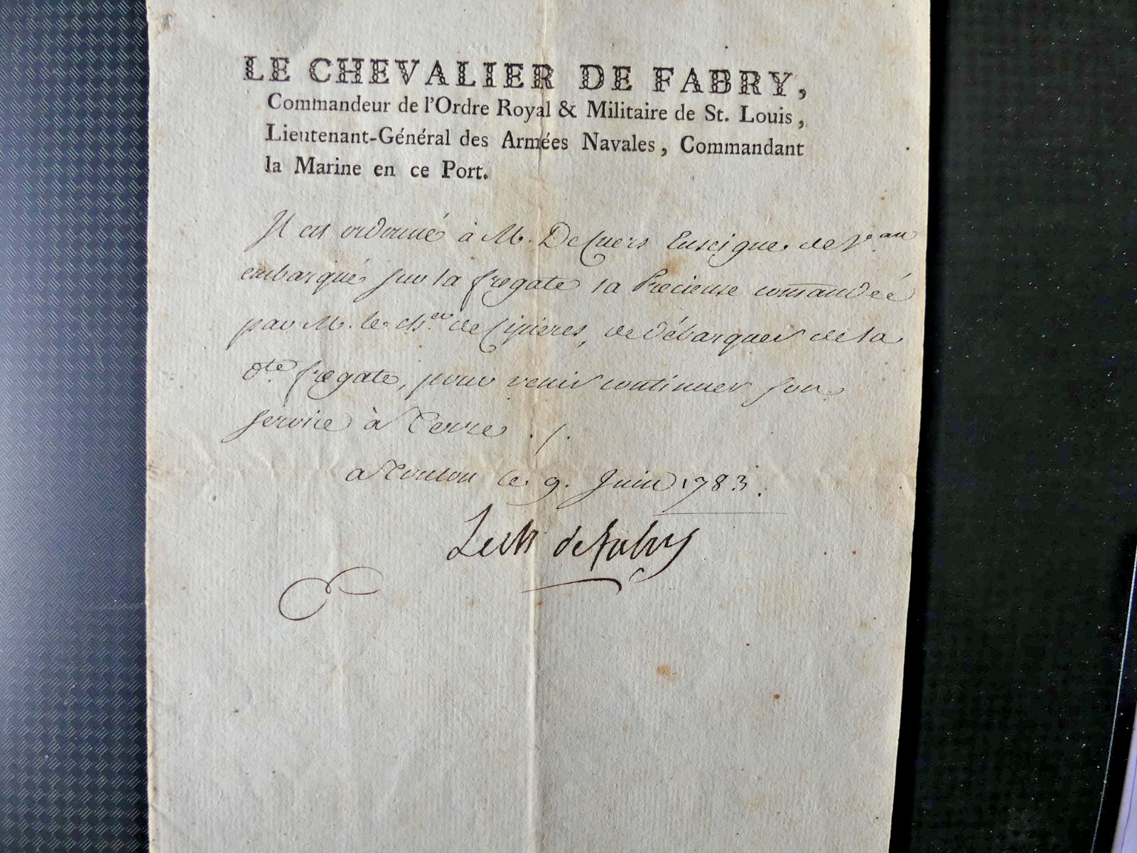 MARINE TOULON 1783 letter from Lieutenant General de Fabry; order to land
