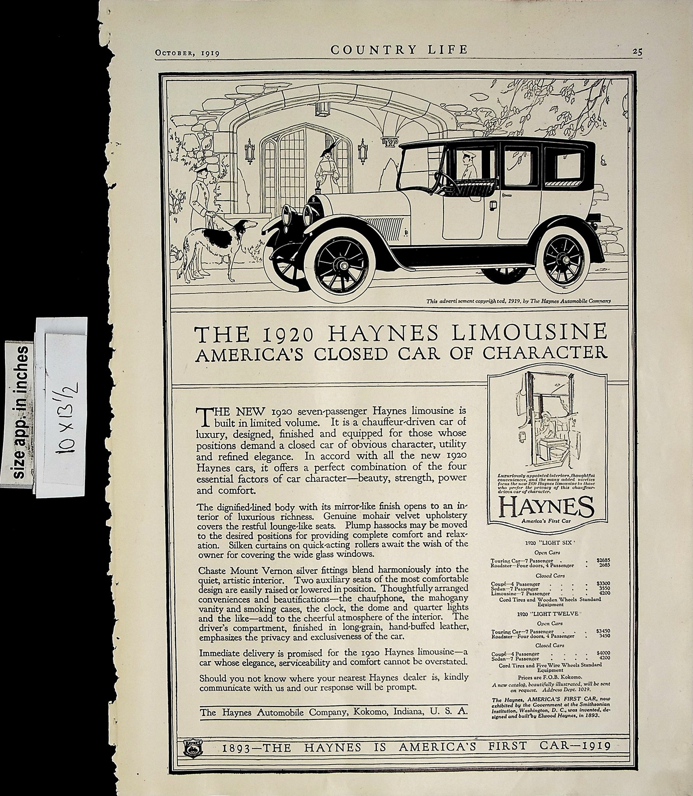 1919 1920 Haynes Limousine Closed Car Character Vintage Print Ad 6240