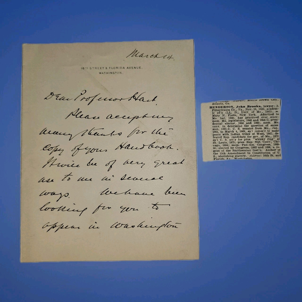 c1885 John B Henderson Signed Letter ALS to Historian A.B. Hart 13th Amendment