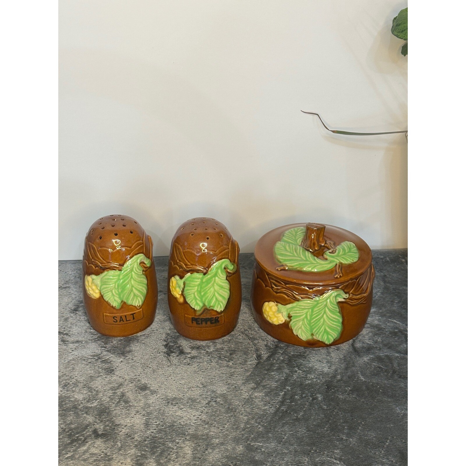 Vintage Ceramic Salt Pepper Shakers and Covered bowl  Brown, yellow flower