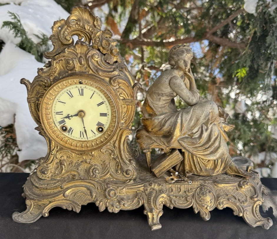 Antique C 1901 Ansonia TRILBY Figural Statue Mantle Clock - RUNS GOOD - VIDEO