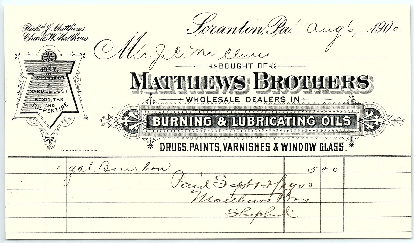 1900 Scranton PA Matthews Bros. Billhead - 1 gal Bourbon