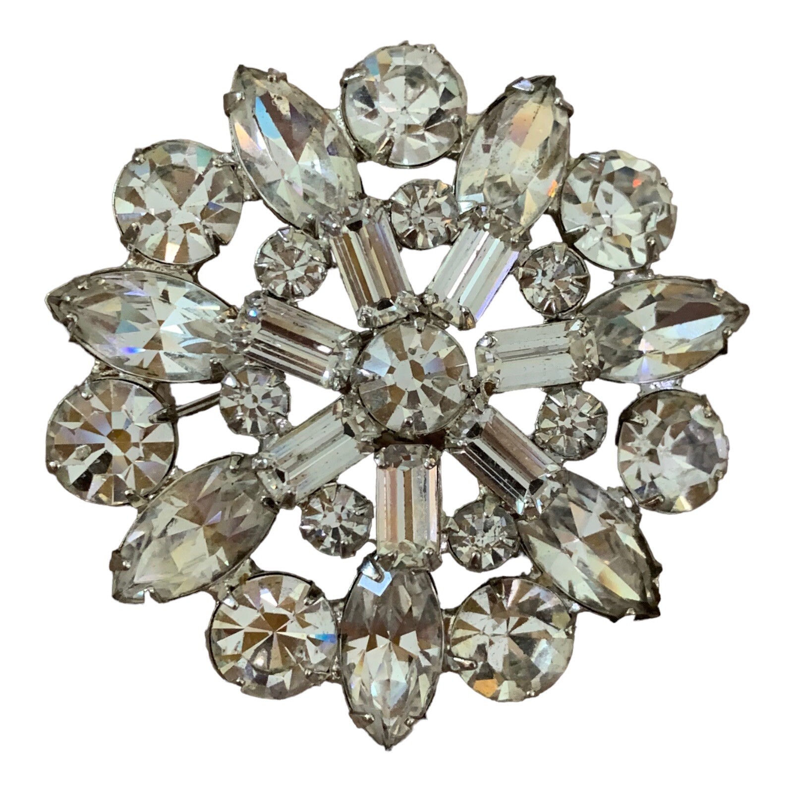 Vintage Weiss Clear Rhinestone Round Brooch Pin Costume Jewelry Signed.  1 3/4”